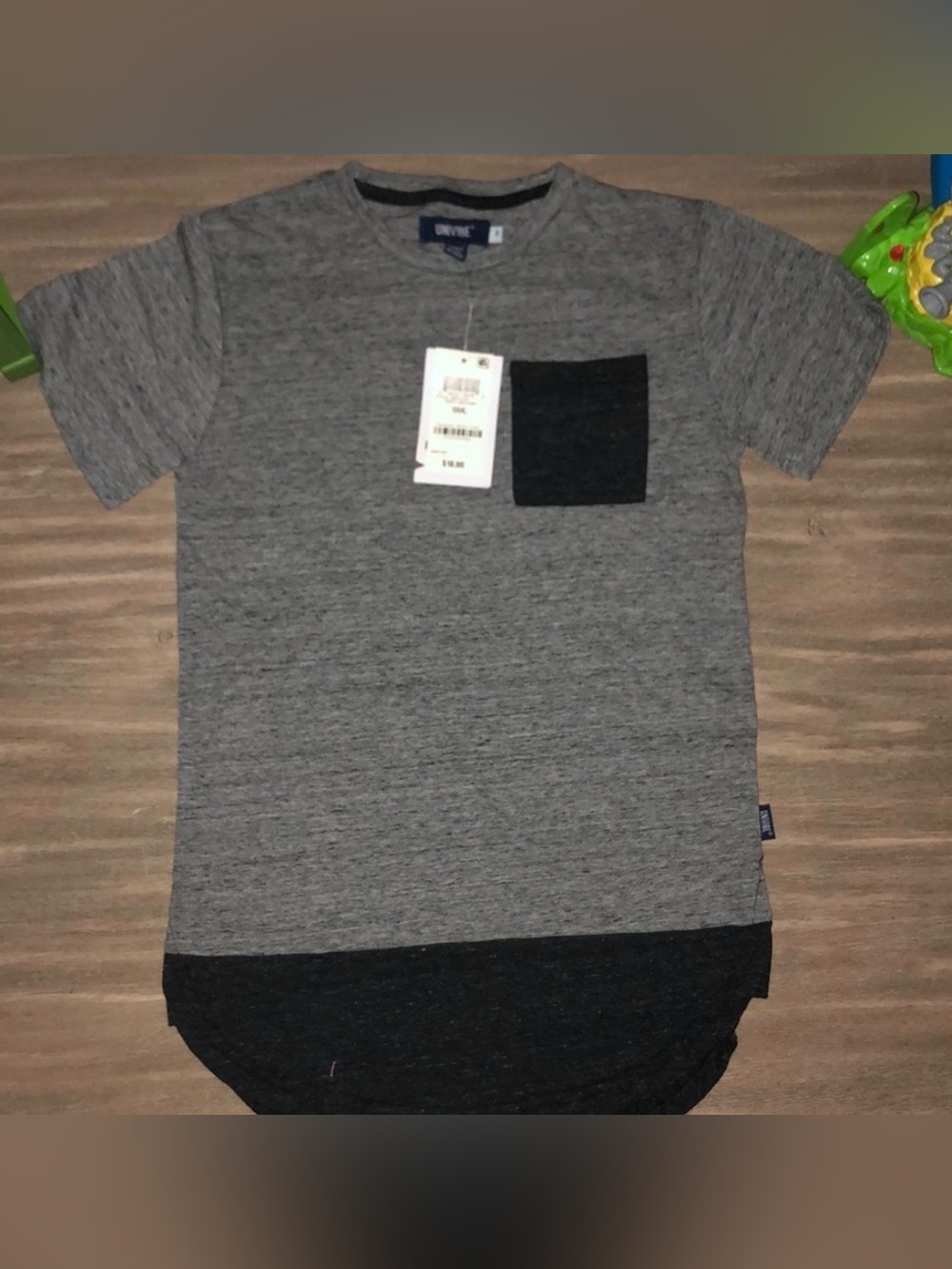 Univibe Grey Heather Short Sleeve Crew with Black Pocket & Hem